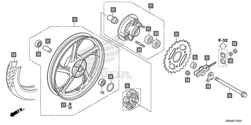 F-19-30 REAR WHEEL assembly diagram for HONDA SP125 CBF125MEFT