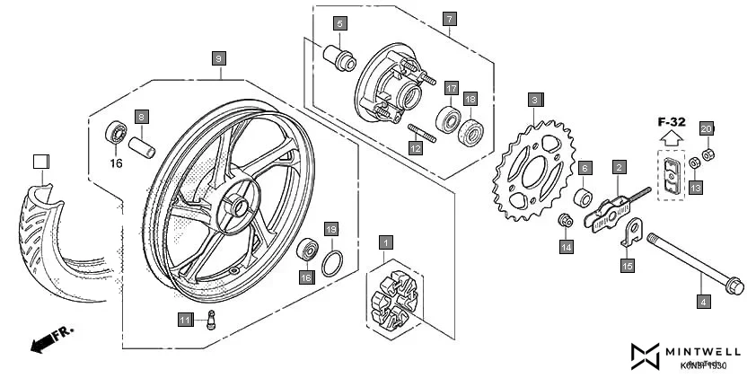 F-19-30 REAR WHEEL assembly diagram for HONDA SP125 CBF125MN