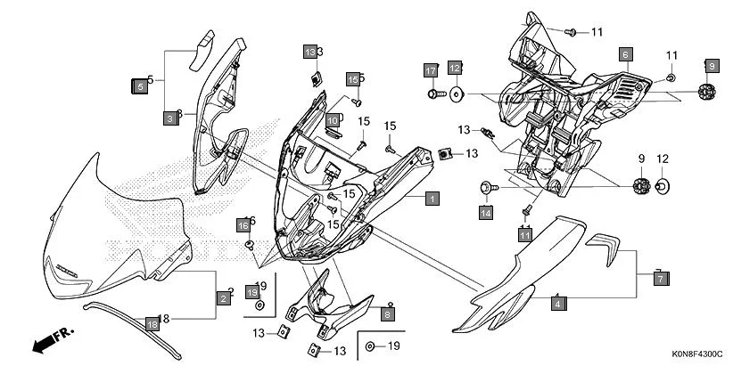 F-43 FRONT COWL diagram showing 61310-K0N-DG0ZE