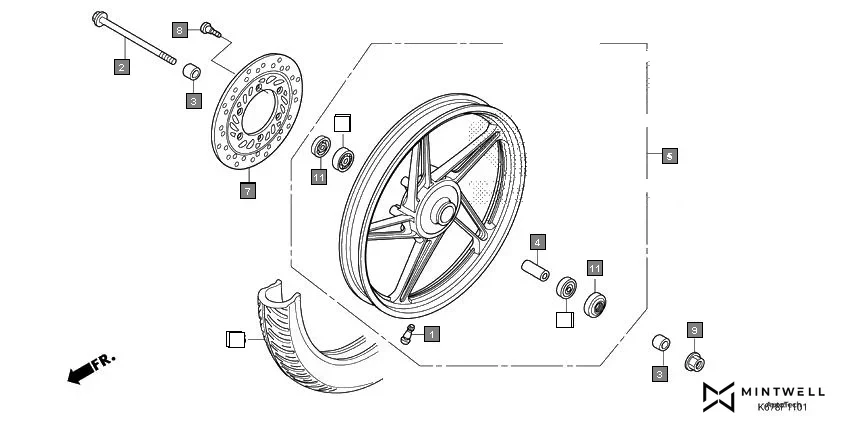 F-11-1 FRONT WHEEL(DISK) assembly diagram for HONDA CB Shine SP CBF125MG