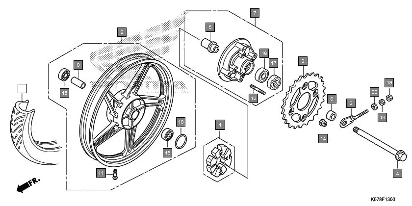 F-13 REAR WHEEL diagram showing 90309-KTE-911
