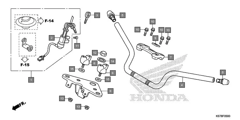F-5 HANDLE PIPE/TOP BRIDGE assembly diagram for HONDA CB Shine SP CBF125MJ/MK