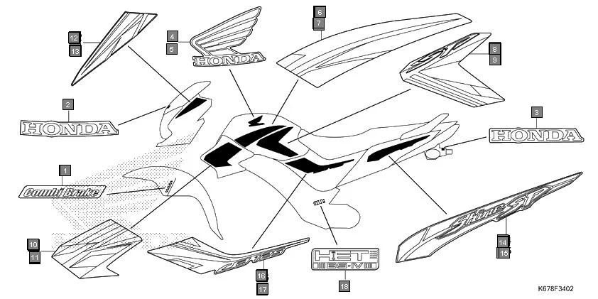 F-34-2 MARK/EMBLEM(CBF125MJ) diagram showing 86611-K67-930ZE