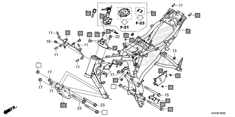 F-39 FRAME BODY assembly diagram for HONDA CB125 Hornet CBF125ZT
