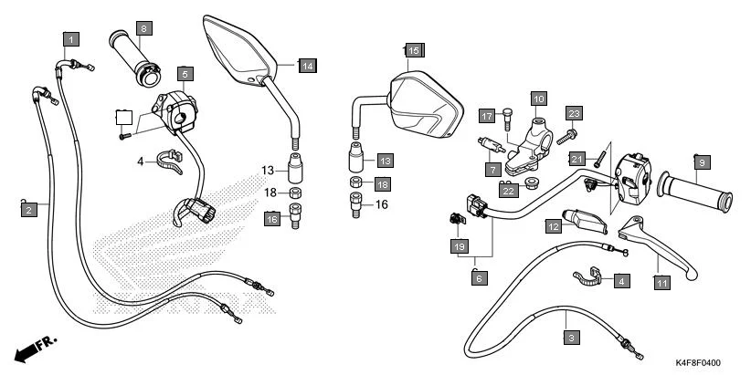 F-4 HANDLE LEVER/SWITCH/CABLE/MIRROR assembly diagram for HONDA CB125 Hornet CBF125ZT