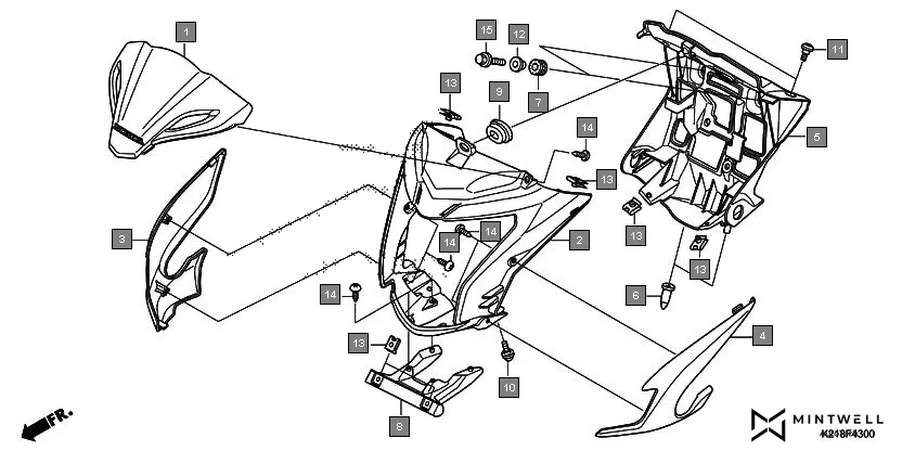 F-43 FRONT COWL diagram showing 90134-KPP-T00