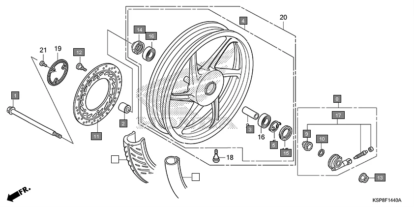F-14-40 FRONT WHEEL assembly diagram for HONDA CB Unicorn CBF150MH