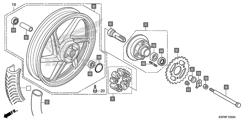 F-19-30 REAR WHEEL assembly diagram for HONDA CB Unicorn CBF150MH