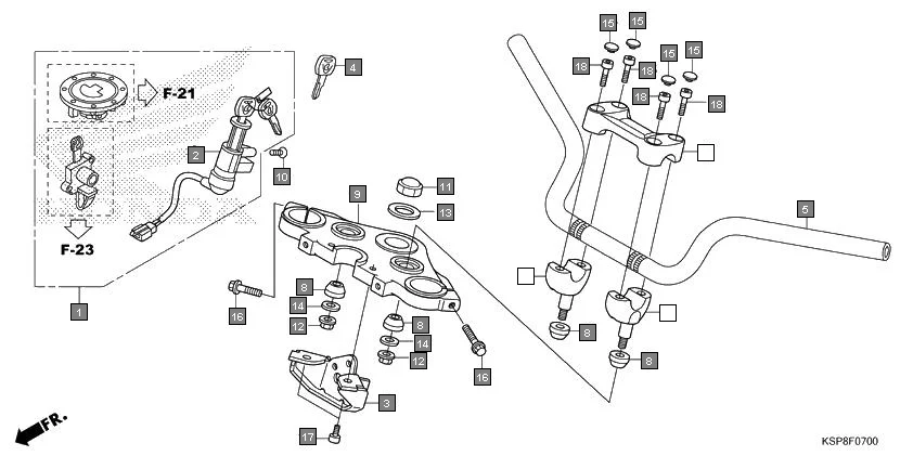 F-7 HANDLE PIPE/TOP BRIDGE assembly diagram for HONDA CB Unicorn CBF150MH
