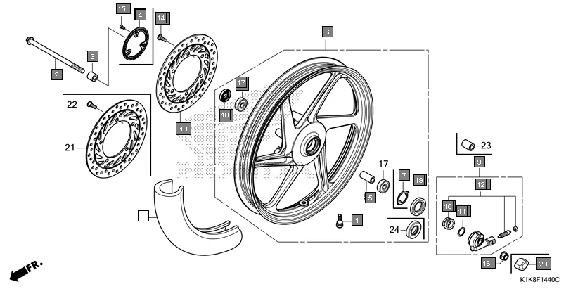 F-14-40 FRONT WHEEL assembly diagram for HONDA CB Unicorn 160 CBF160AL