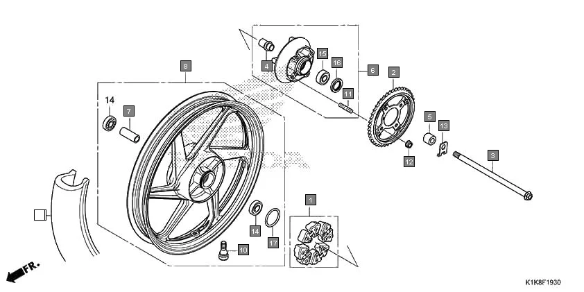 F-19-30 REAR WHEEL assembly diagram for HONDA CB Unicorn 160 CBF160AL