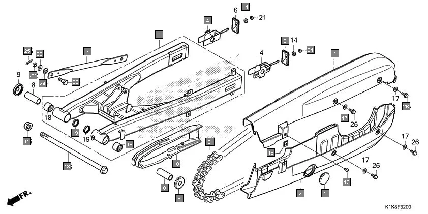 F-32 SWINGARM assembly diagram for HONDA CB Unicorn 160 CBF160AL