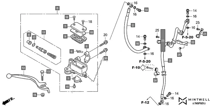 F-5-10 FRONT BRAKE MASTER CYLINDER assembly diagram for HONDA CB Unicorn 160 CBF160AR