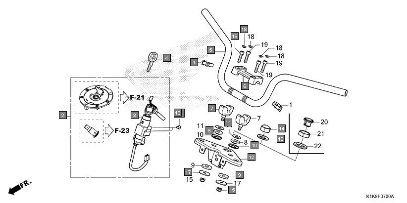 F-7 HANDLE PIPE/TOP BRIDGE assembly diagram for HONDA CB Unicorn 160 CBF160AL