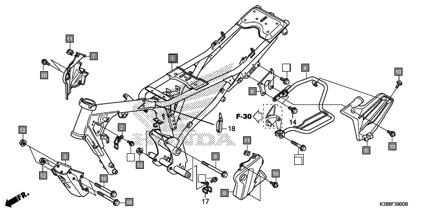 F-39 FRAME BODY assembly diagram for HONDA CB Unicorn 160 CBF160H