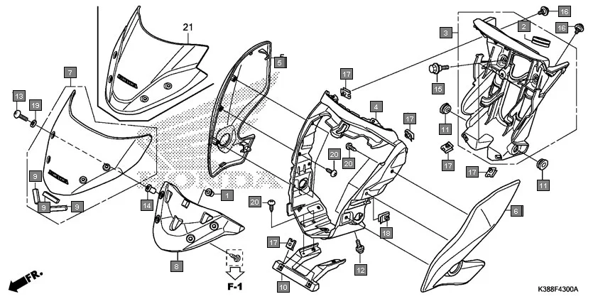 F-43 FRONT COWL assembly diagram for HONDA CB Unicorn 160 CBF160H