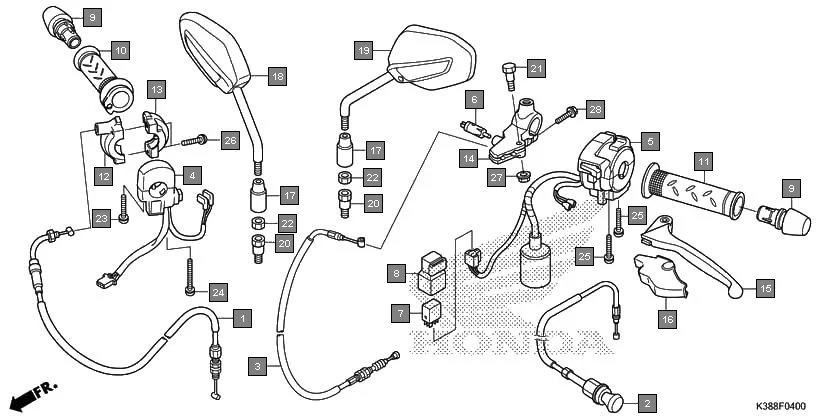F-4 HANDLE LEVER/SWITCH/CABLE/MIRROR assembly diagram for HONDA CB Unicorn 160 CBF160H