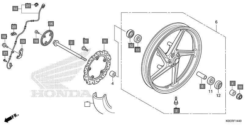 F-14-40 FRONT WHEEL assembly diagram for HONDA SP160 CBF160FSR