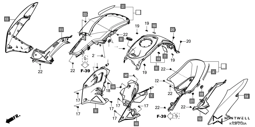F-21-20 SHROUD/TANK COVER assembly diagram for HONDA Hornet 2.0 CBF190MAM
