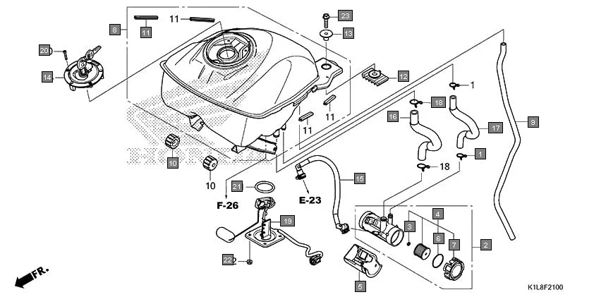 F-21 FUEL TANK/FUEL PUMP assembly diagram for HONDA Hornet 2.0 CBF190MAN