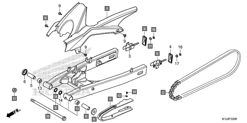 F-32 SWINGARM/CHAIN CASE assembly diagram for HONDA Hornet 2.0 CBF190MAM