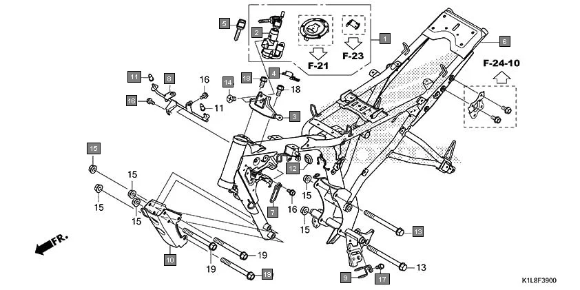 F-39 FRAME BODY assembly diagram for HONDA Hornet 2.0 CBF190MAN