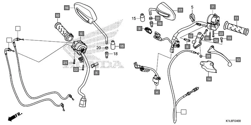 F-4 HANDLE LEVER/SWITCH/CABLE/MIRROR assembly diagram for HONDA Hornet 2.0 CBF190MAM