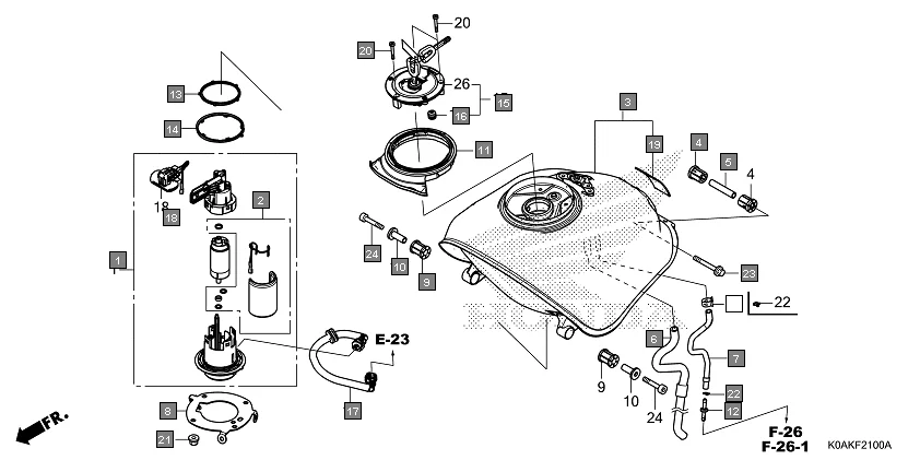 F-21 FUEL TANK assembly diagram for HONDA CB300R CBF300NAK