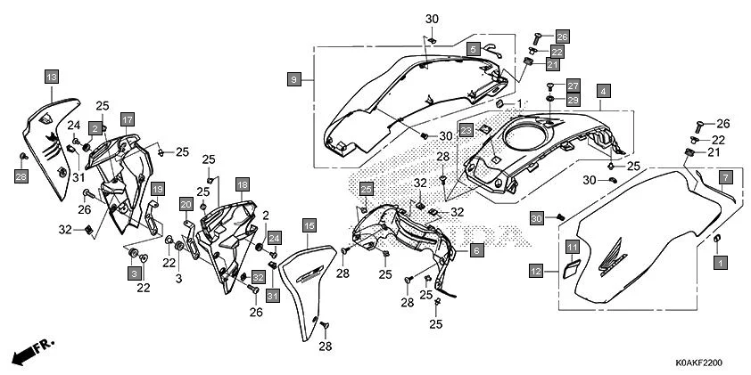 F-22 SHROUD/TANK COVER diagram showing 64551-K0A-E10