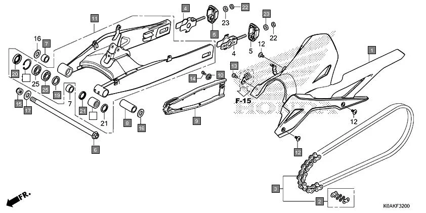 F-32 SWINGARM diagram showing 52200-K98-E00
