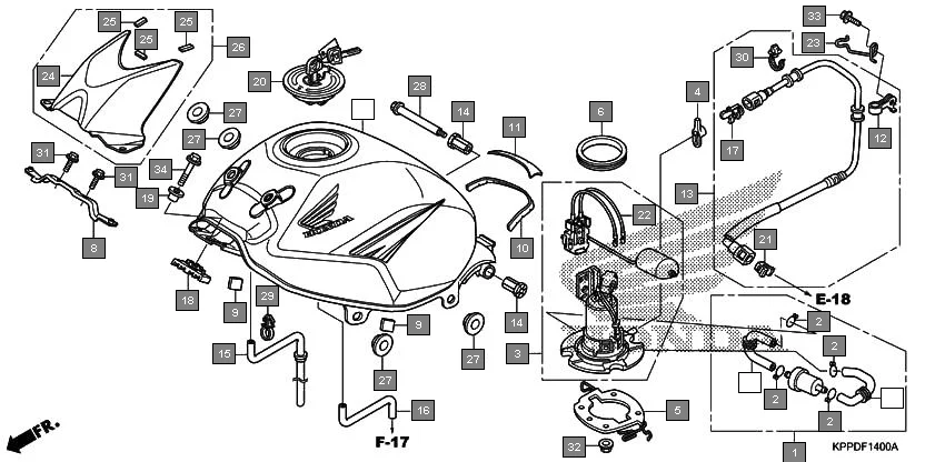 F-14 FUEL TANK assembly diagram for HONDA CBR150R CBR150RG