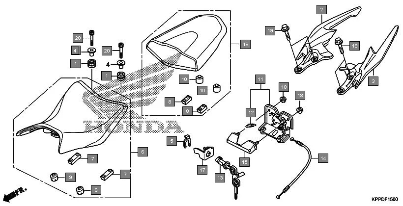 F-15 SEAT assembly diagram for HONDA CBR150R CBR150RG