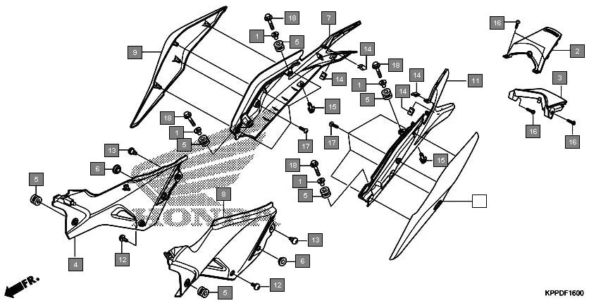 F-16 SIDE COVER assembly diagram for HONDA CBR150R CBR150RC
