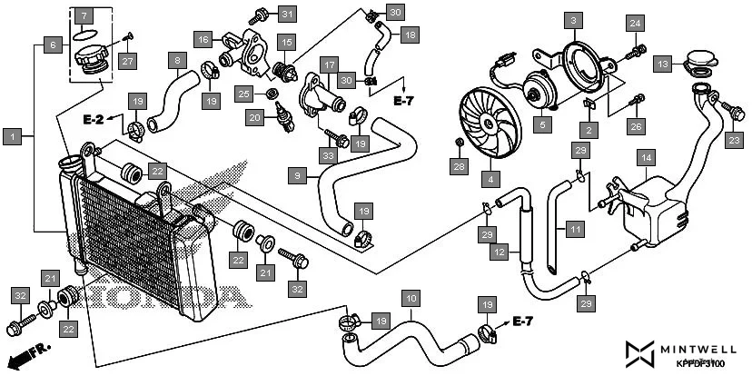 F-31 RADIATOR assembly diagram for HONDA CBR150R CBR150RG