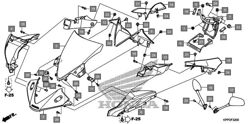 F-32 UPPER COWL assembly diagram for HONDA CBR150R CBR150RG