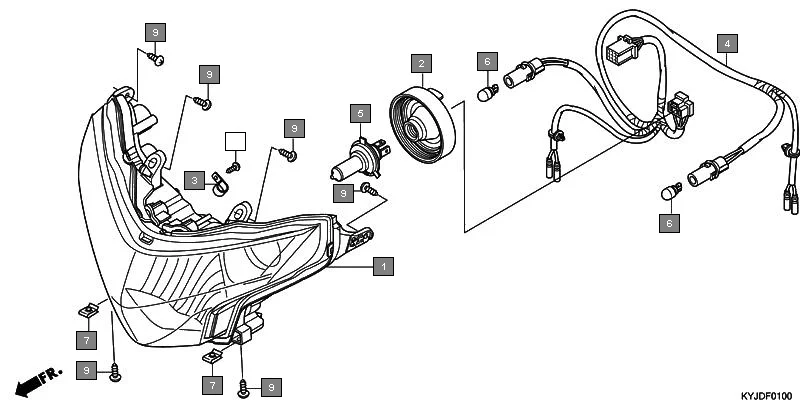 F-1 HEADLIGHT assembly diagram for HONDA CBR250R CBR250RAB