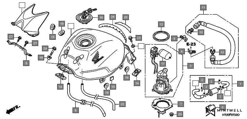 F-21 FUEL TANK assembly diagram for HONDA CBR250R CBR250RB
