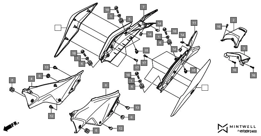 F-24 SIDE COVER/REAR COWL assembly diagram for HONDA CBR250R CBR250RB