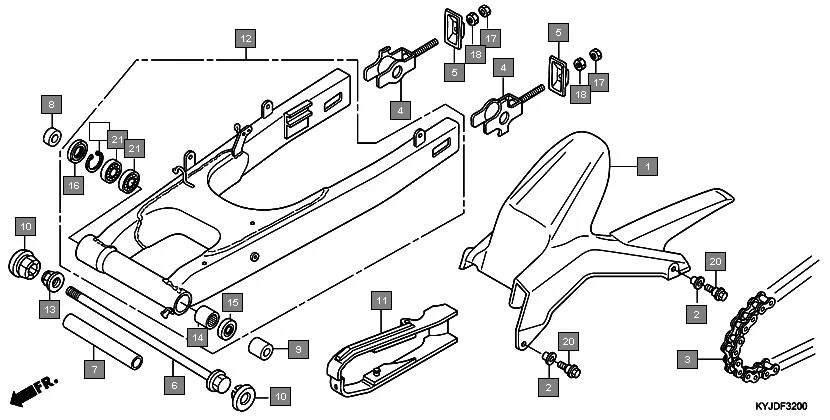 F-32 SWINGARM assembly diagram for HONDA CBR250R CBR250RAB