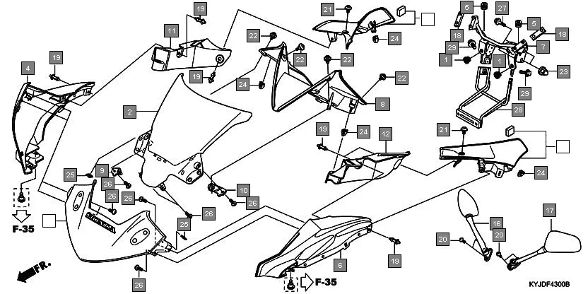 F-43 UPPER COWL assembly diagram for HONDA CBR250R CBR250RB
