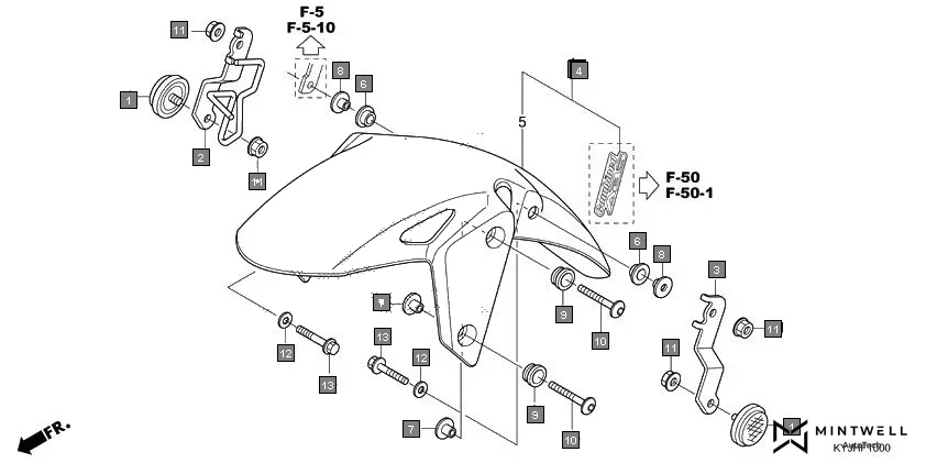 F-10 FRONT FENDER diagram showing 61103-KPF-910