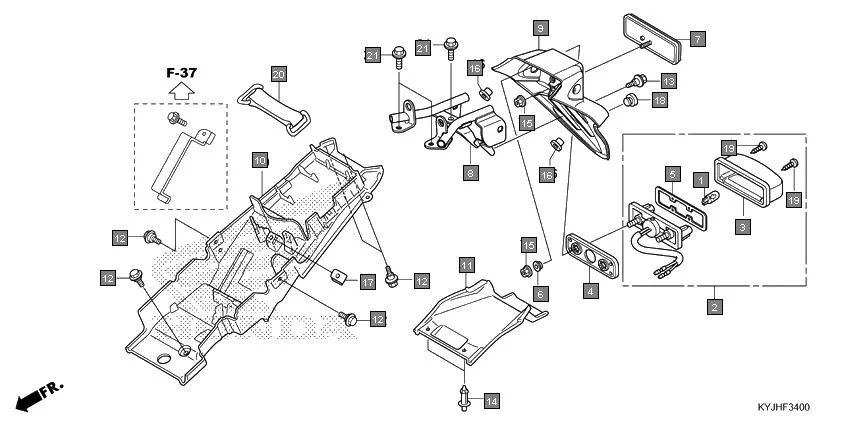 F-34 REAR FENDER assembly diagram for HONDA CBR250R CBR250RAJ