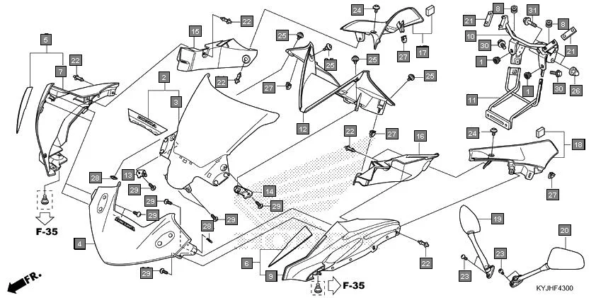 F-43 UPPER COWL assembly diagram for HONDA CBR250R CBR250RAJ
