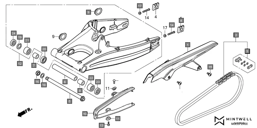 F-24 SWINGARM diagram showing 52200-MJE-D00