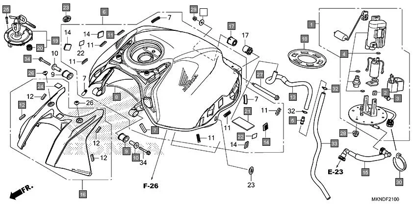 F-21 FUEL TANK diagram showing 17543-MJE-D00