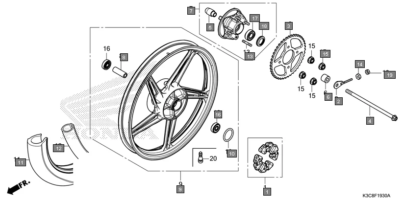 F-19-30 REAR WHEEL assembly diagram for HONDA Shine100 DX CD100RNT
