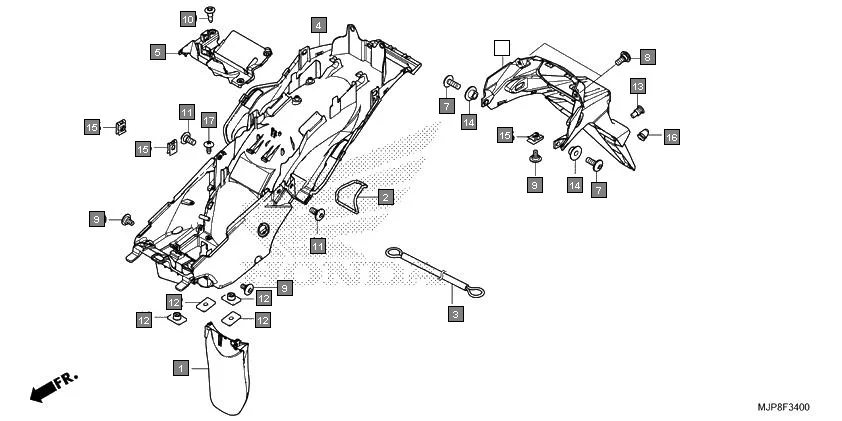 F-34 REAR FENDER diagram showing 90323-MJP-MF0