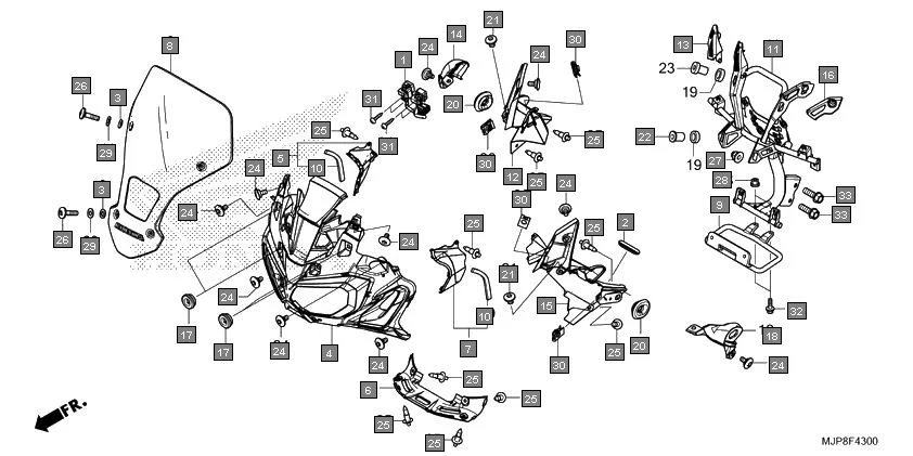 F-43 FRONT COWL diagram showing 64250-MJP-G50ZA