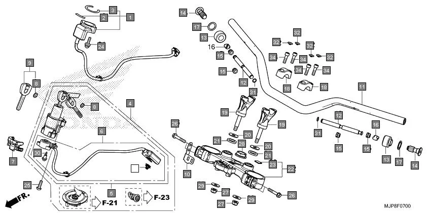 F-7 HANDLE PIPE/TOP BRIDGE assembly diagram for HONDA Africa Twin CRF1000DH