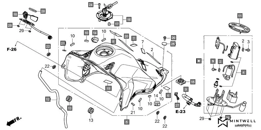 F-21 FUEL TANK/FUEL PUMP diagram showing 80102-MJS-A90